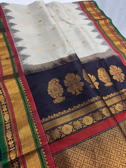 Silk Mark Certified Gadwal Silk Saree in Cement White and Black.