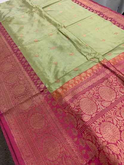 Pastel Green Banarasi SIlk Saree - Indian Wedding Silk Collection.