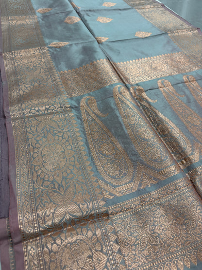 Katan Banarasi Silk Saree in Dual Shade of Gray - Certified Silk Indian Saree.