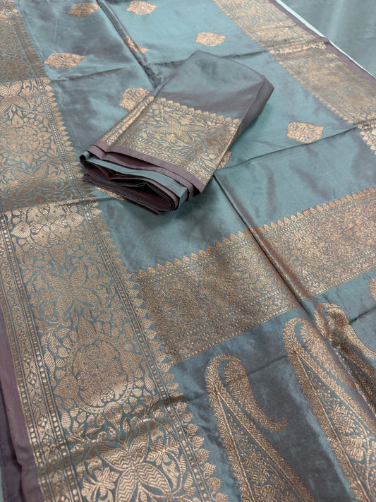 Katan Banarasi Silk Saree in Dual Shade of Gray - Certified Silk Indian Saree.