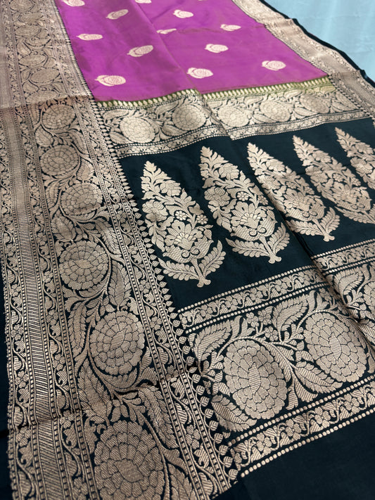 Certified Silk Purplish Pink Banarasi Saree with 38 Size Stitched Blouse.