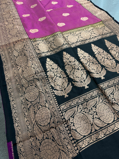Certified Silk Purplish Pink Banarasi Saree with 38 Size Stitched Blouse.