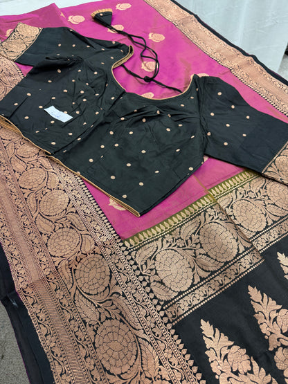 Certified Silk Purplish Pink Banarasi Saree with 38 Size Stitched Blouse.