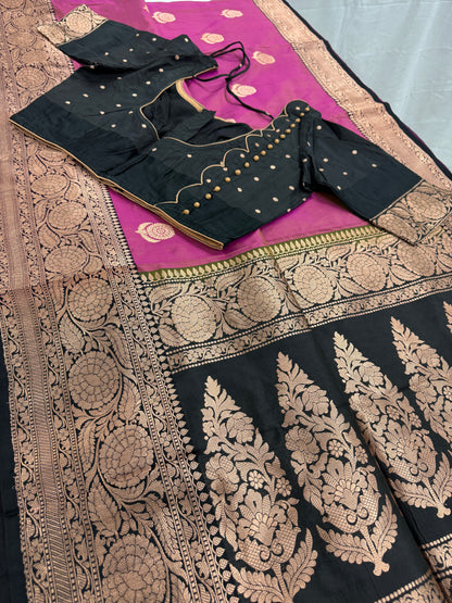 Certified Silk Purplish Pink Banarasi Saree with 38 Size Stitched Blouse.