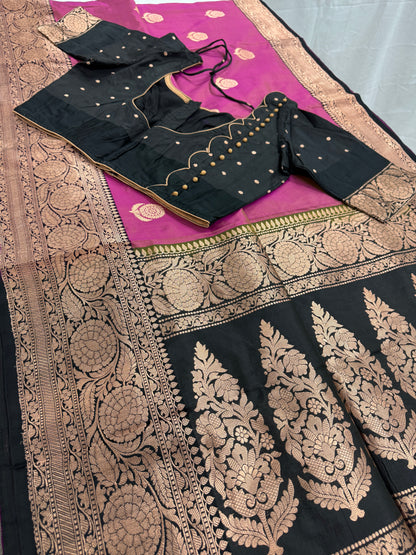 Certified Silk Purplish Pink Banarasi Saree with 38 Size Stitched Blouse.