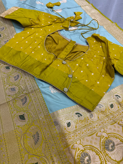 Minakari Banarasi Silk Saree with 40 Size Stitched Blouse - Indian Wedding Silk.