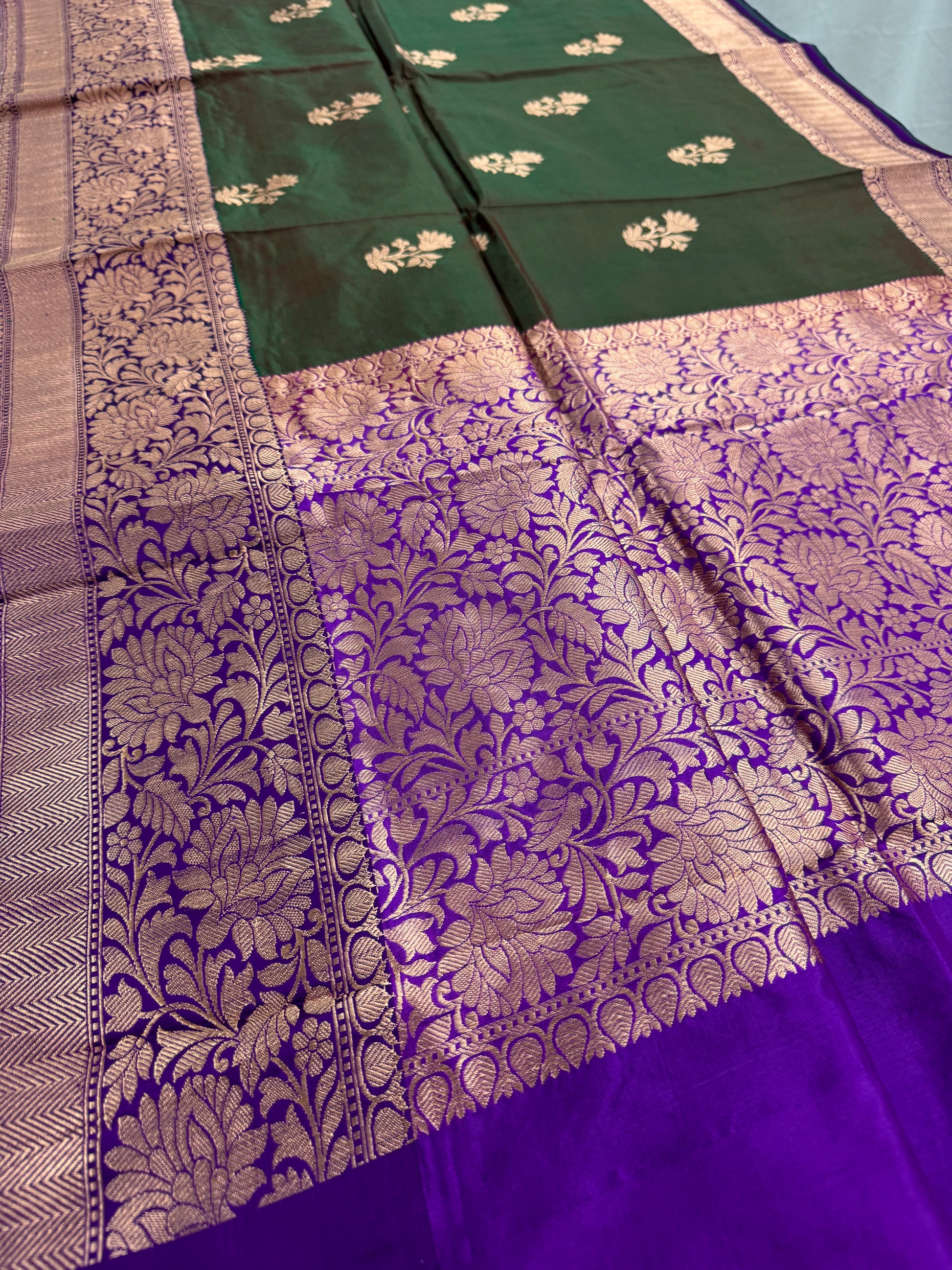 Green Banarasi Silk Saree with 38 Size Stitched Blouse - Indian Wedding Saree.