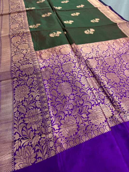 Green Banarasi Silk Saree with 38 Size Stitched Blouse - Indian Wedding Saree.