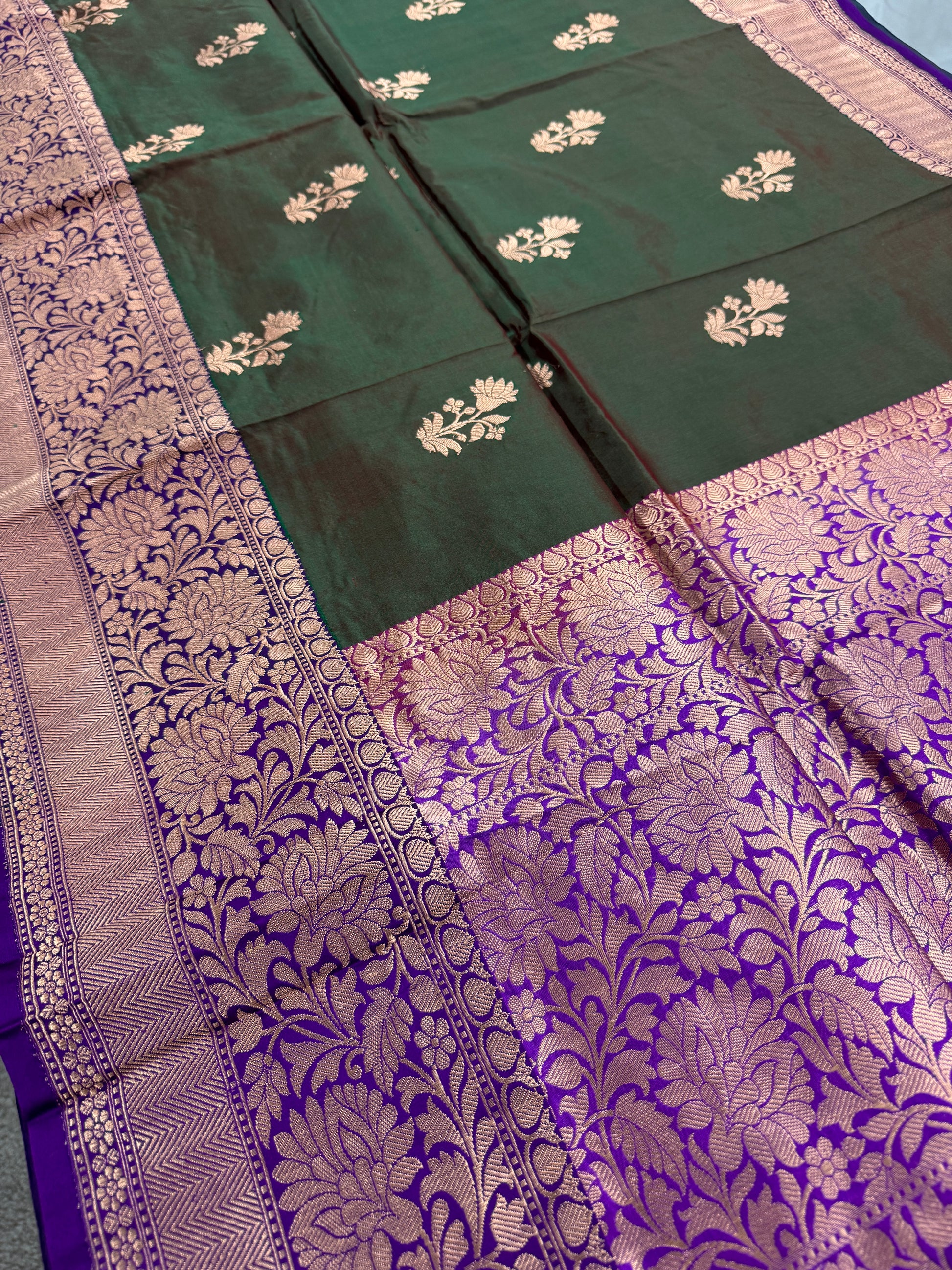 Green Banarasi Silk Saree with 38 Size Stitched Blouse - Indian Wedding Saree.