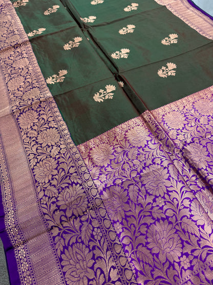 Green Banarasi Silk Saree with 38 Size Stitched Blouse - Indian Wedding Saree.
