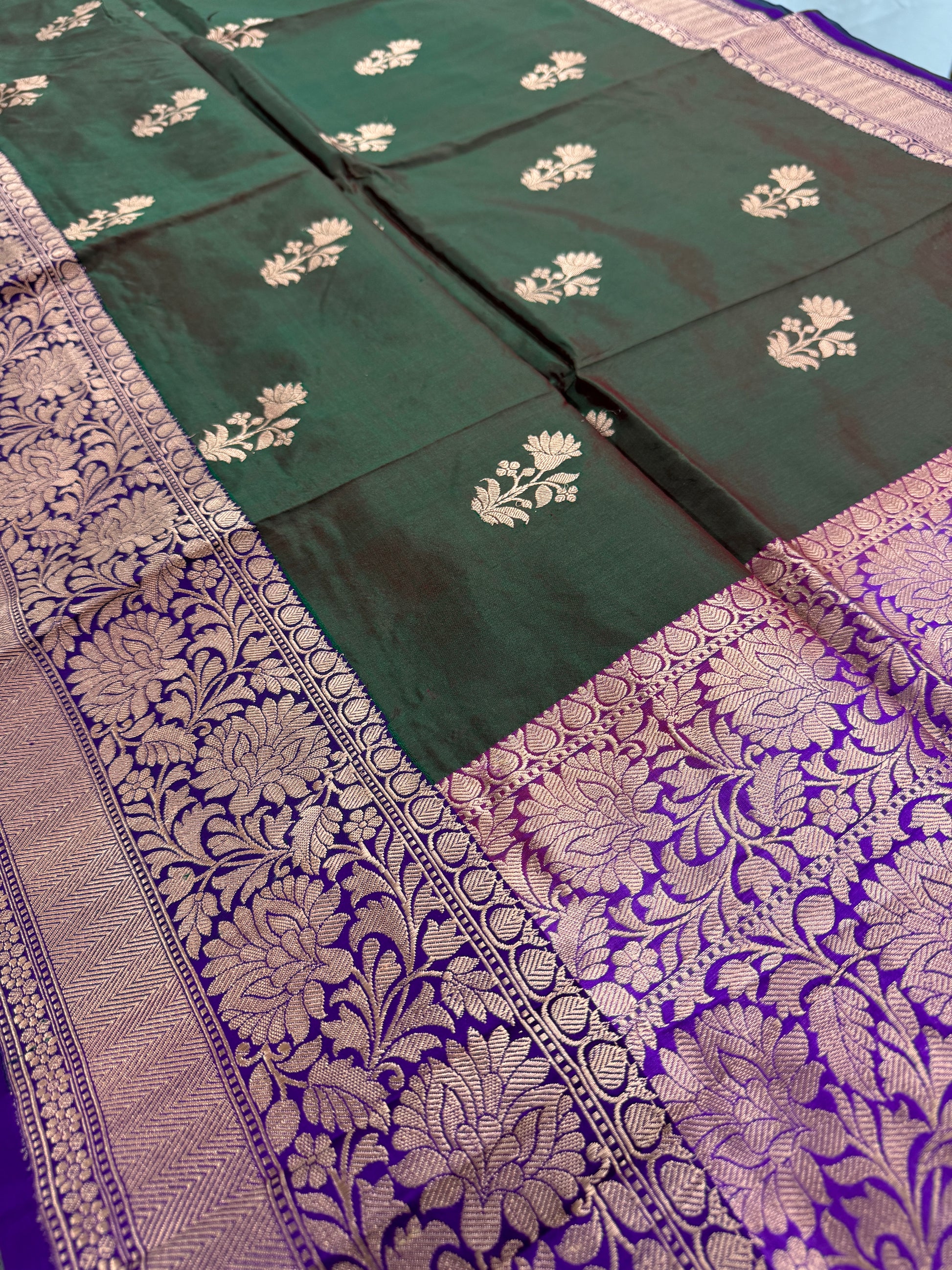 Green Banarasi Silk Saree with 38 Size Stitched Blouse - Indian Wedding Saree.