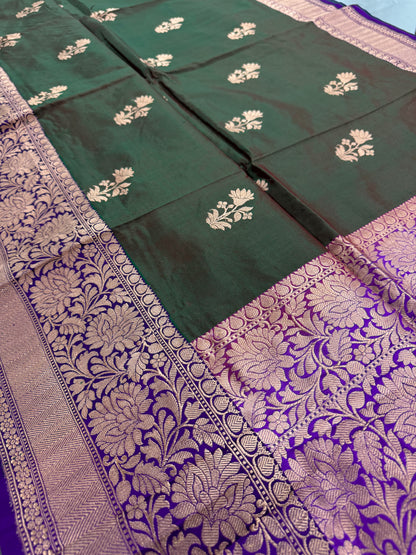 Green Banarasi Silk Saree with 38 Size Stitched Blouse - Indian Wedding Saree.