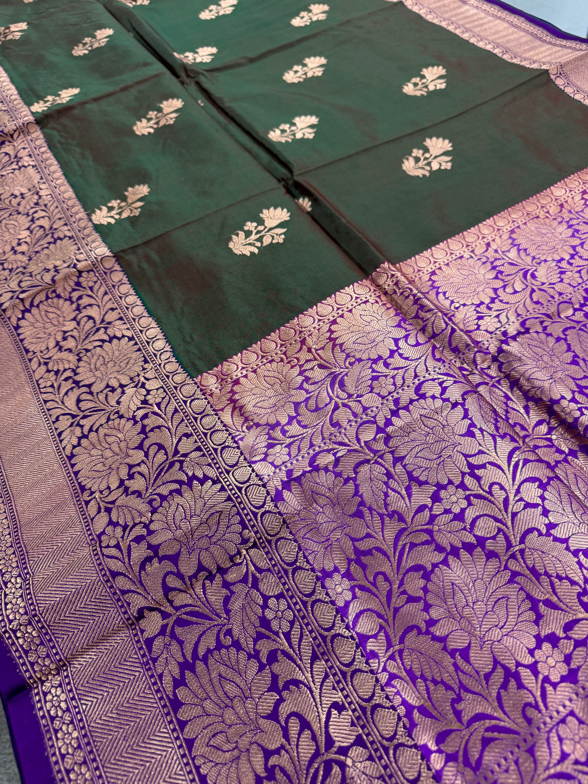 Green Banarasi Silk Saree with 38 Size Stitched Blouse - Indian Wedding Saree.