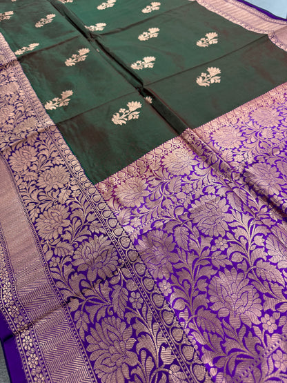 Green Banarasi Silk Saree with 38 Size Stitched Blouse - Indian Wedding Saree.