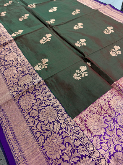Green Banarasi Silk Saree with 38 Size Stitched Blouse - Indian Wedding Saree.