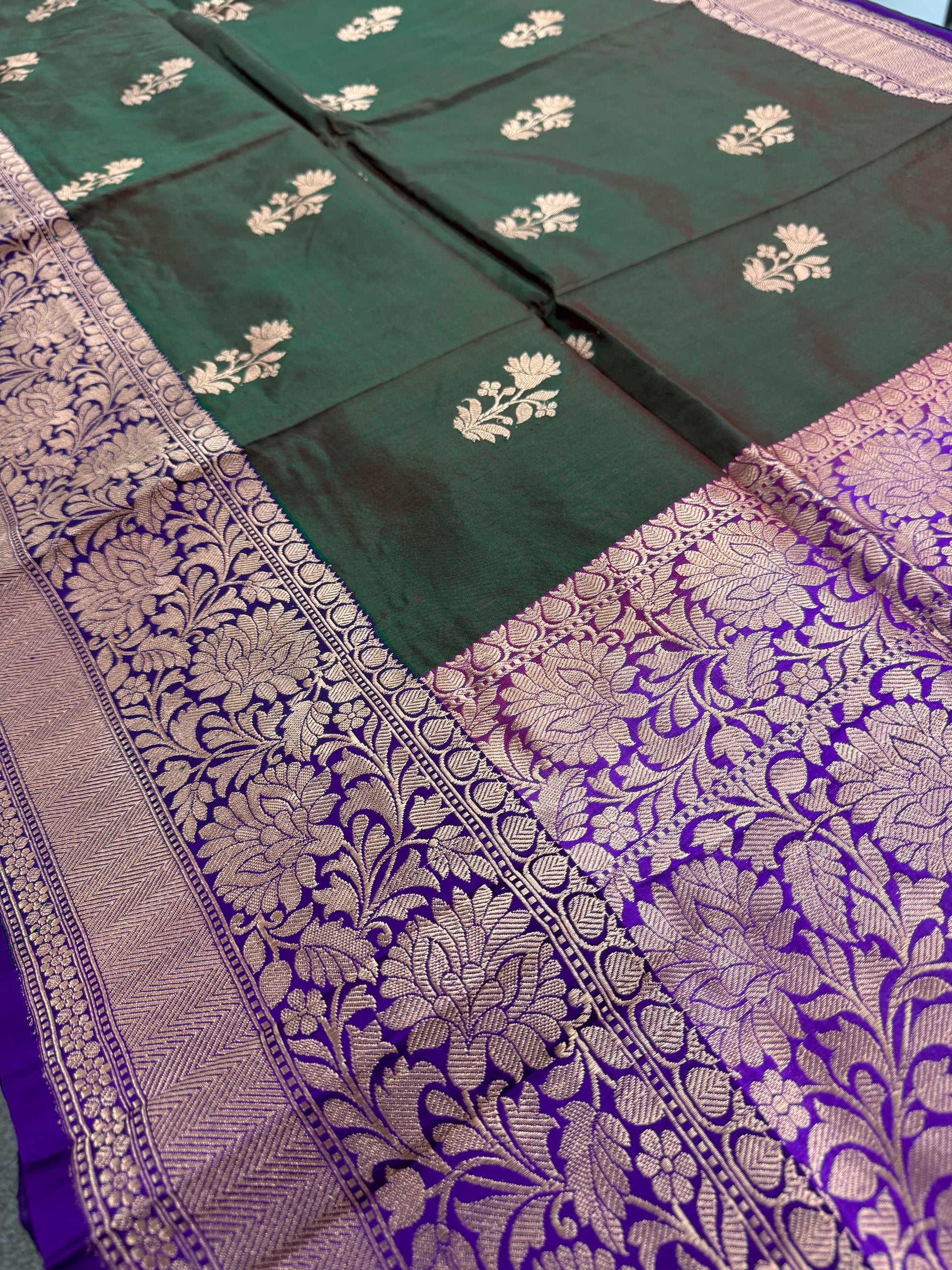 Green Banarasi Silk Saree with 38 Size Stitched Blouse - Indian Wedding Saree.