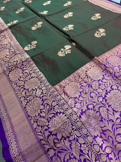 Green Banarasi Silk Saree with 38 Size Stitched Blouse - Indian Wedding Saree.