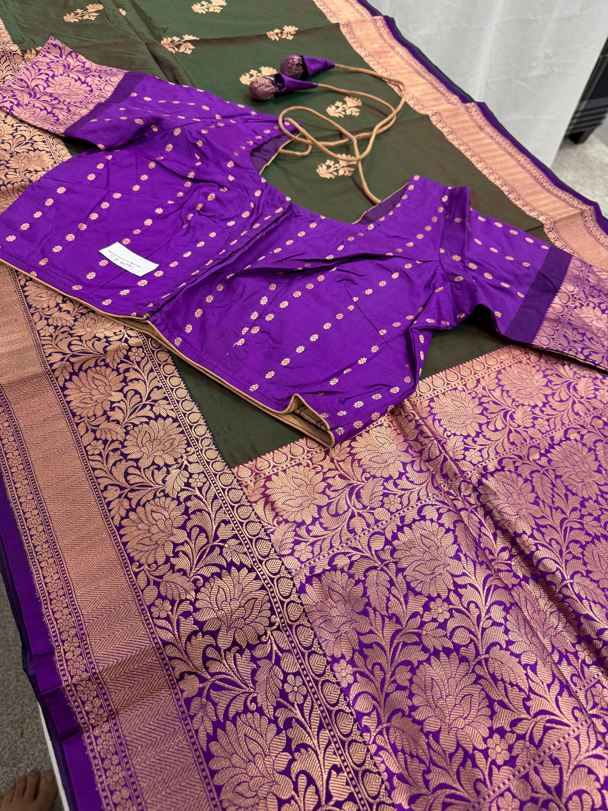 Green Banarasi Silk Saree with 38 Size Stitched Blouse - Indian Wedding Saree.