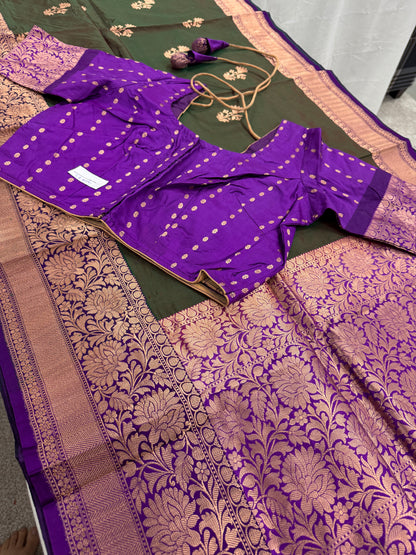 Green Banarasi Silk Saree with 38 Size Stitched Blouse - Indian Wedding Saree.