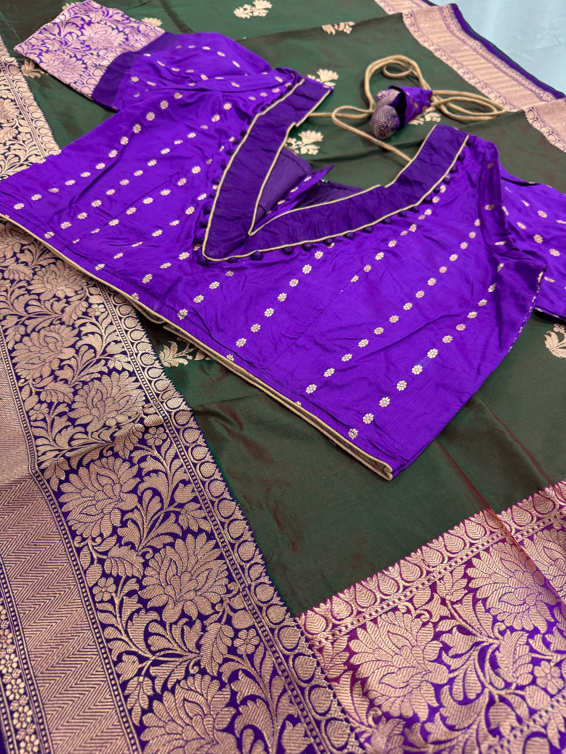 Green Banarasi Silk Saree with 38 Size Stitched Blouse - Indian Wedding Saree.