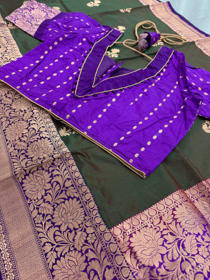Green Banarasi Silk Saree with 38 Size Stitched Blouse - Indian Wedding Saree.