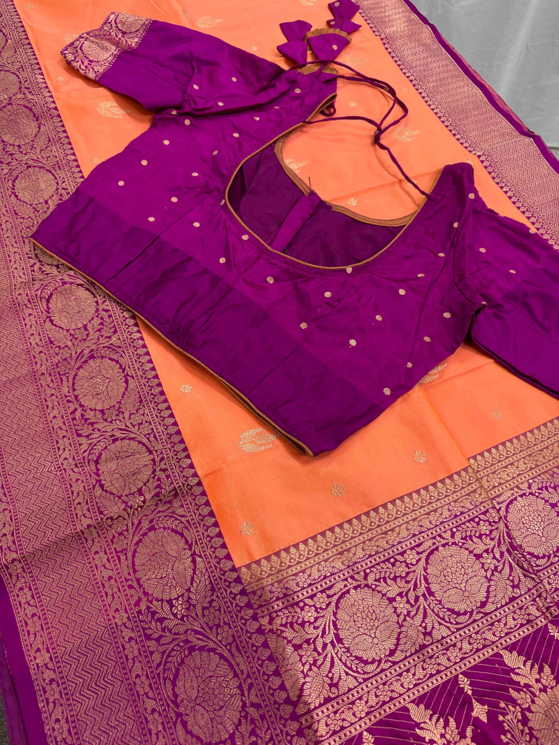 Banarasi Silk Saree with 36 Size Stitched Blouse - Pastel Collection.