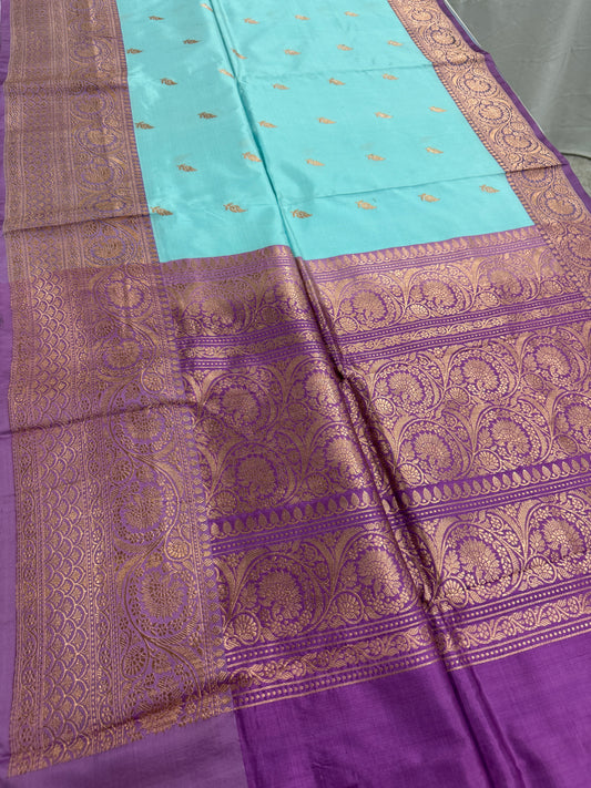 Katan Silk Banarasi Saree with 42 Size Stitched Blouse - Pastel Collection.