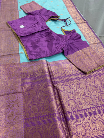 Katan Silk Banarasi Saree with 42 Size Stitched Blouse - Pastel Collection.