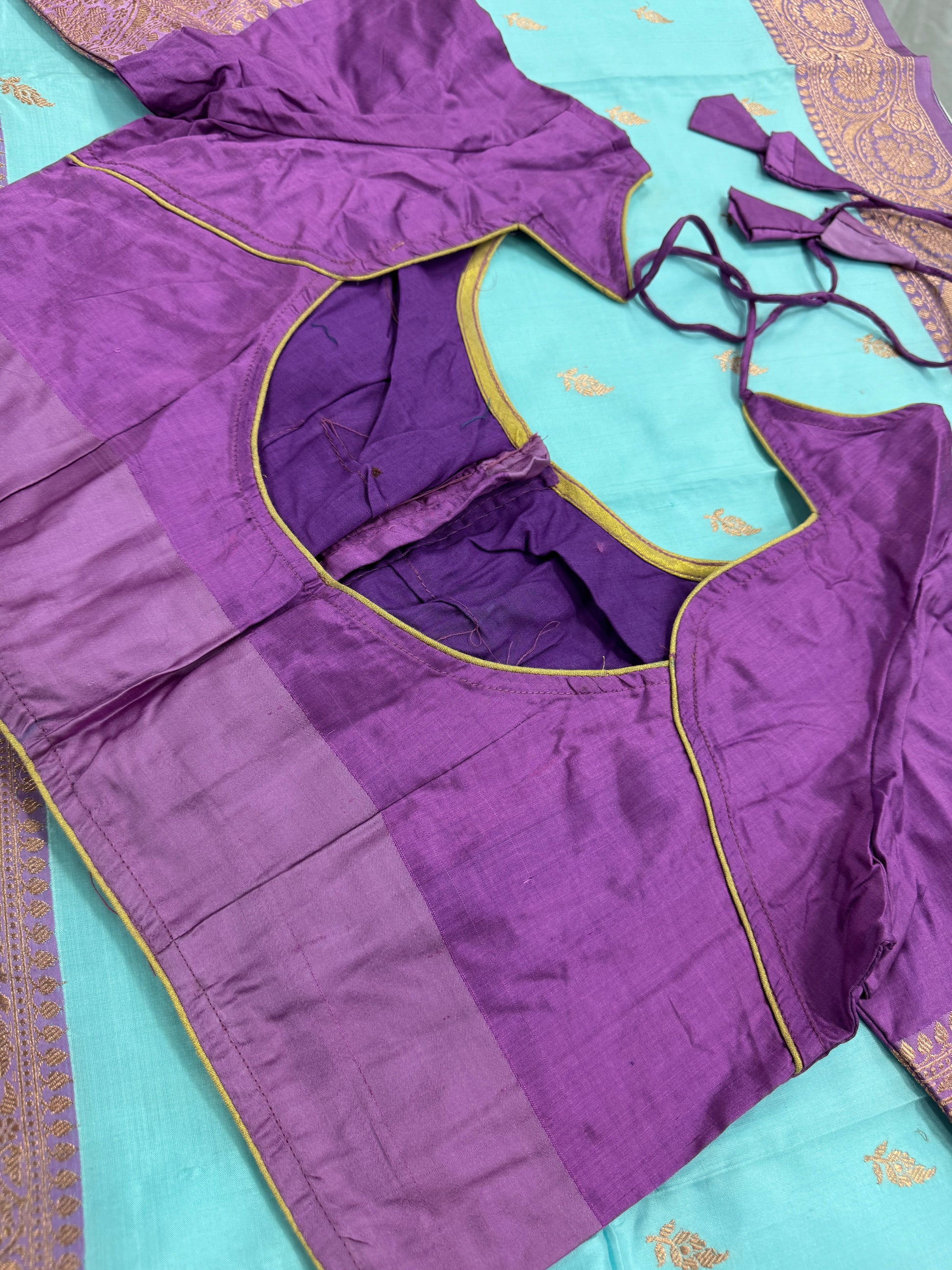Katan Silk Banarasi Saree with 42 Size Stitched Blouse - Pastel Collection.