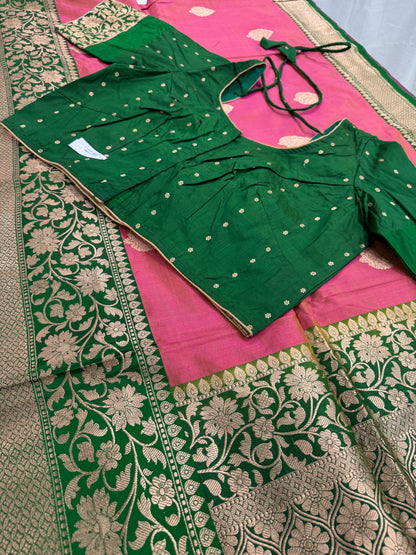 Banarasi Katan Silk Saree with 40 Size Stitched Blouse - Indian Wedding Saree.