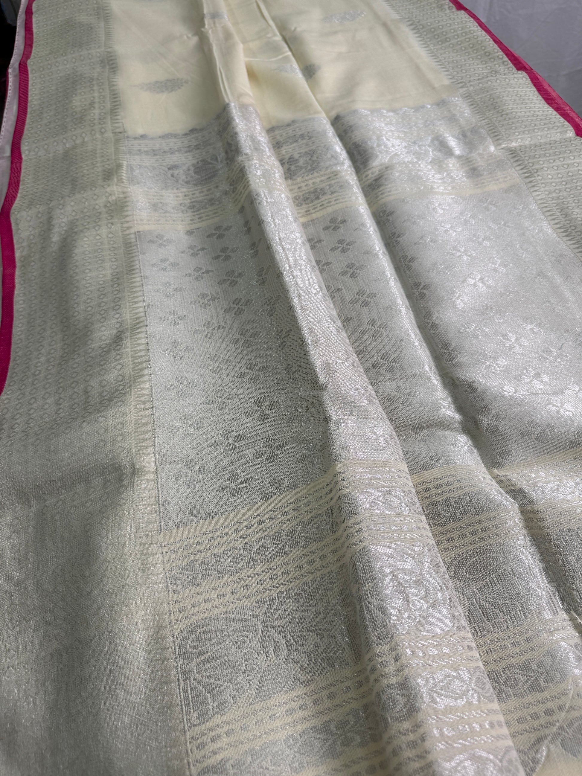 Grace - Handwoven Bengal Soft Cotton Banarasi Saree in Ivory White.
