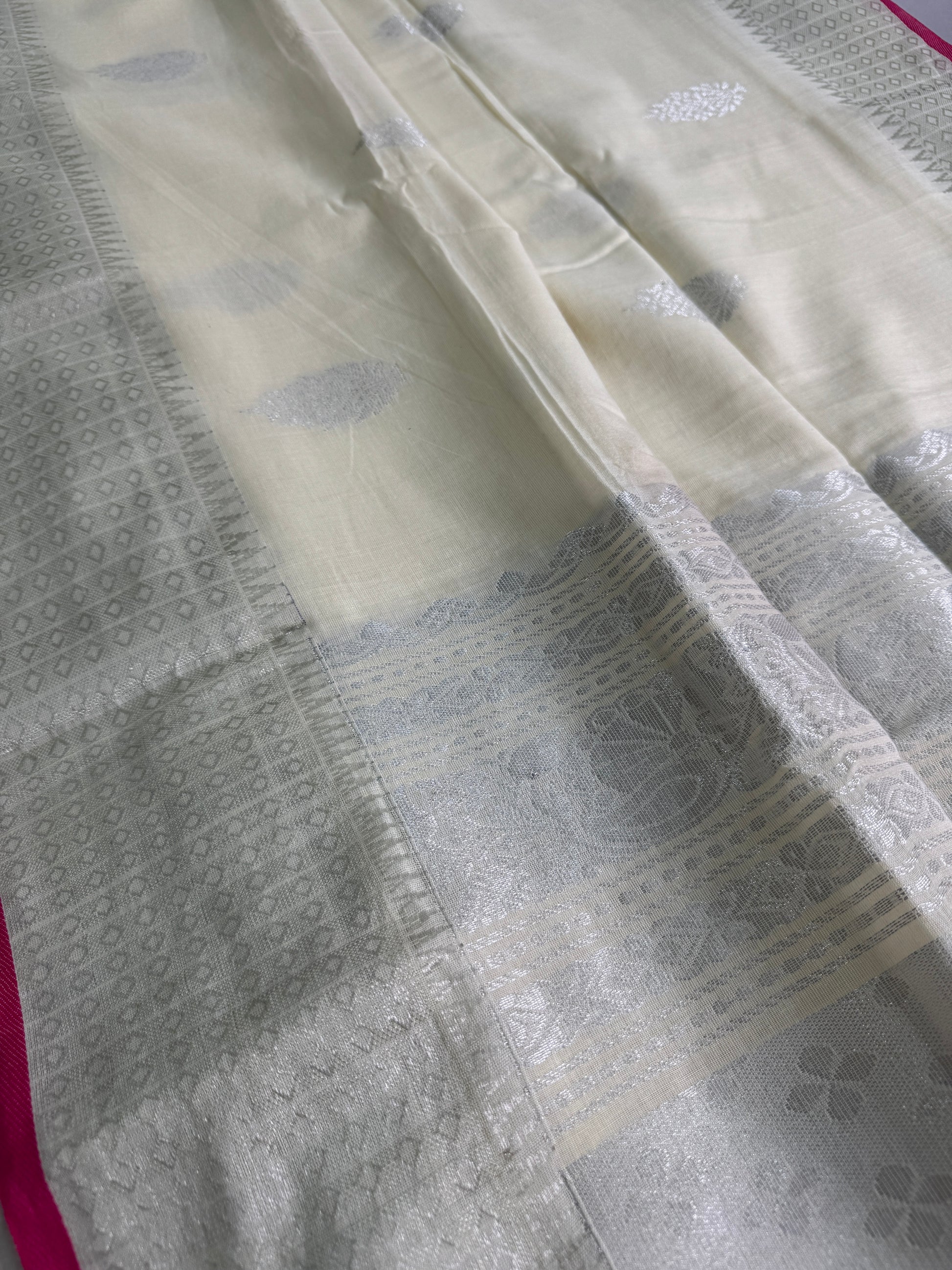 Grace - Handwoven Bengal Soft Cotton Banarasi Saree in Ivory White.