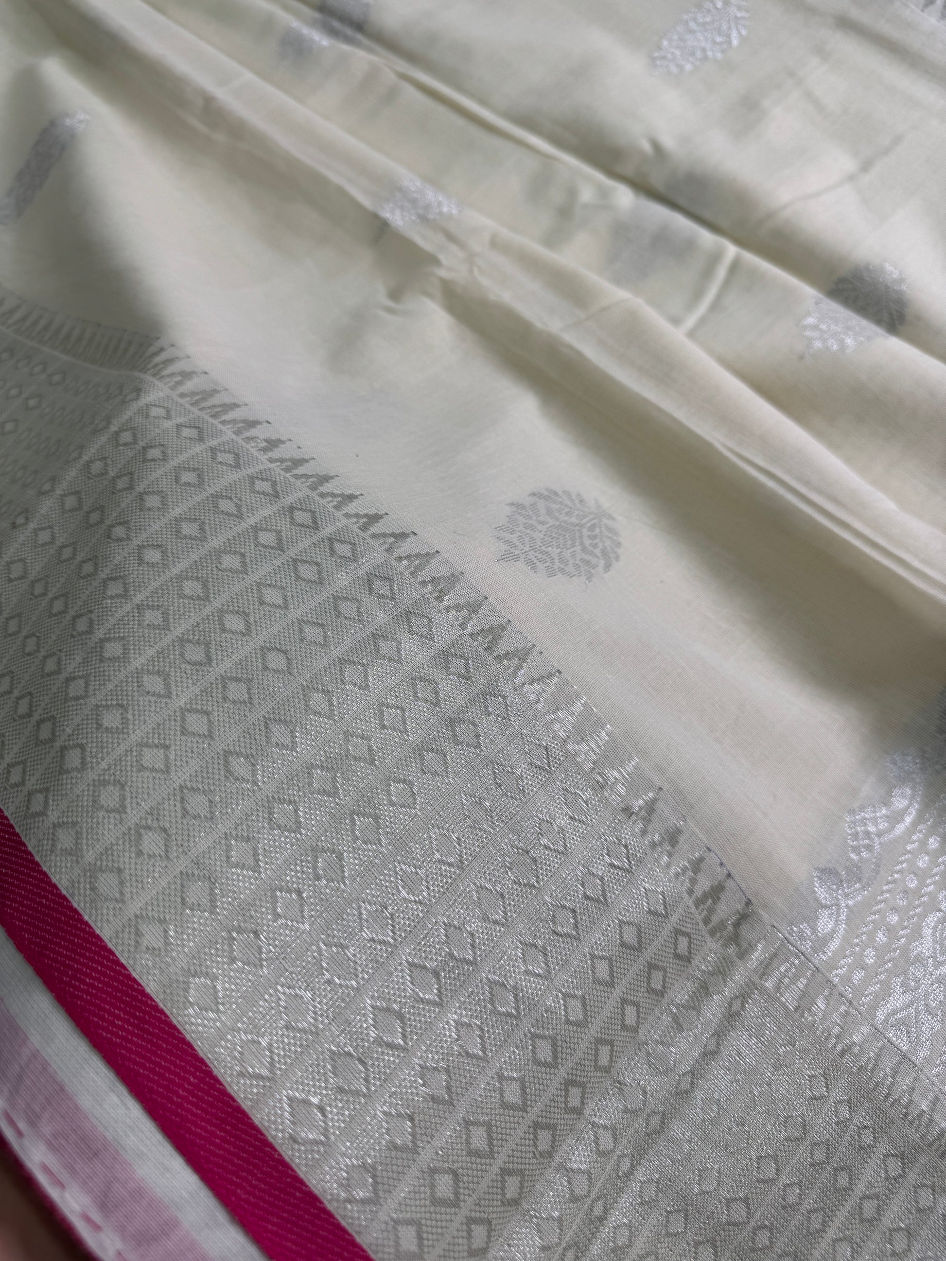 Grace - Handwoven Bengal Soft Cotton Banarasi Saree in Ivory White.