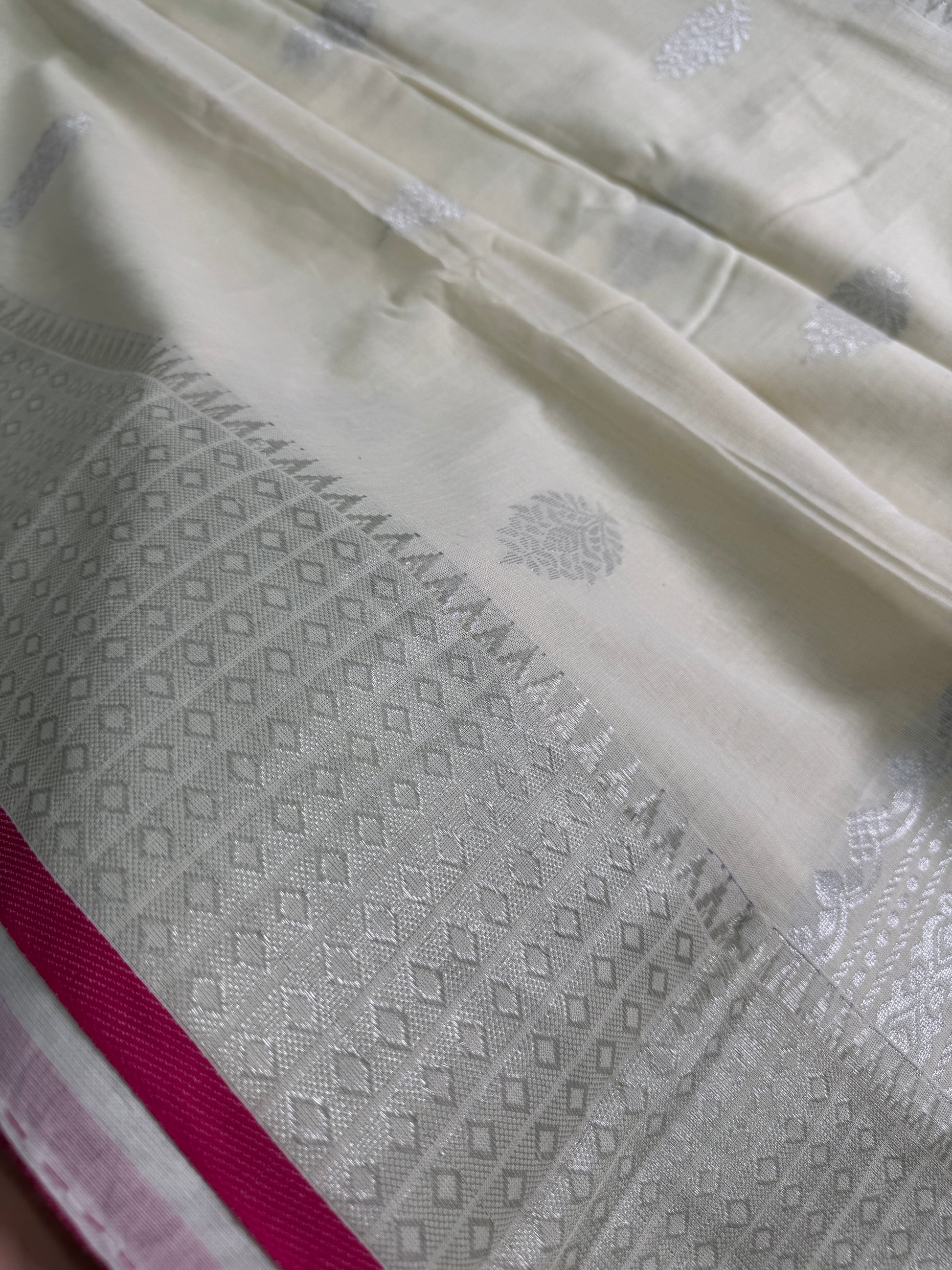 Grace - Handwoven Bengal Soft Cotton Banarasi Saree in Ivory White.