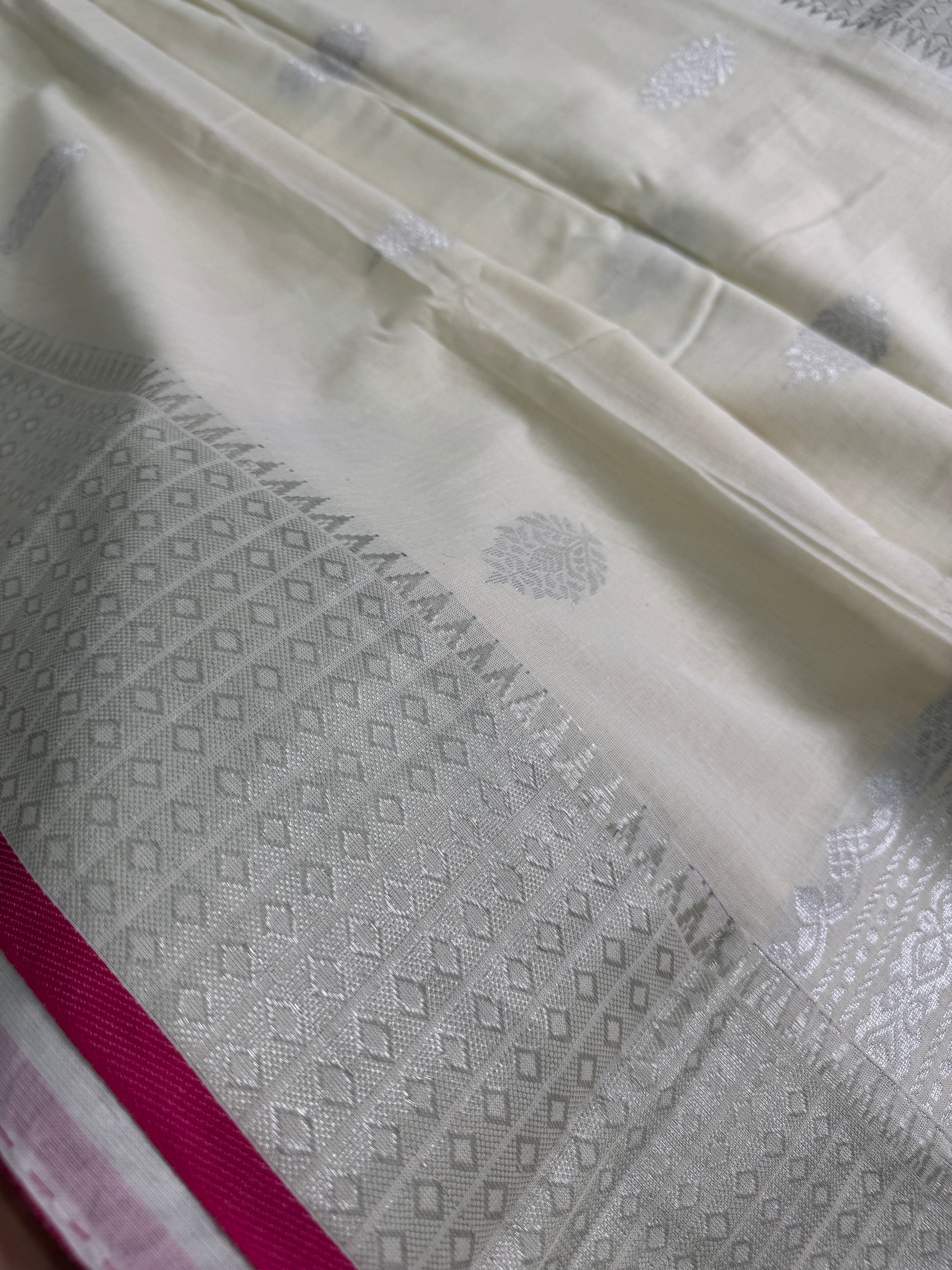 Grace - Handwoven Bengal Soft Cotton Banarasi Saree in Ivory White.