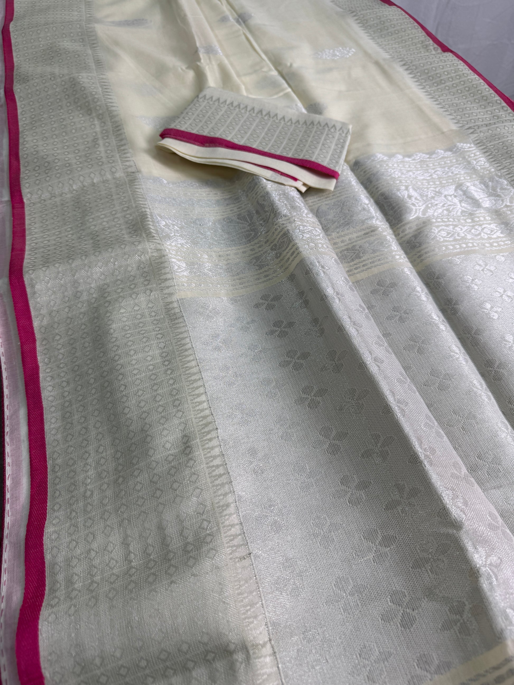 Grace - Handwoven Bengal Soft Cotton Banarasi Saree in Ivory White.
