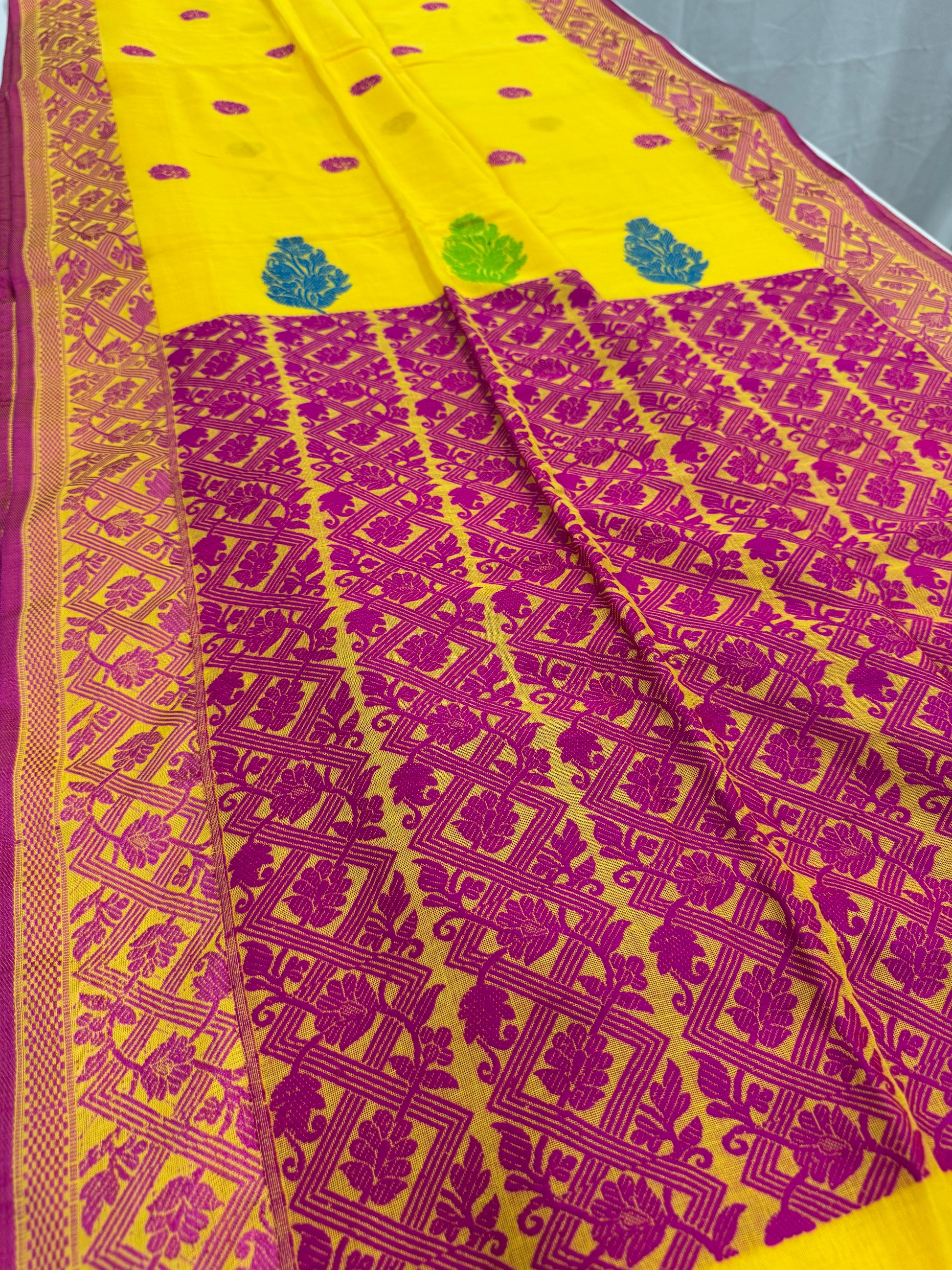 Kanaka - Bright Yellow Bengal Soft Cotton Saree.