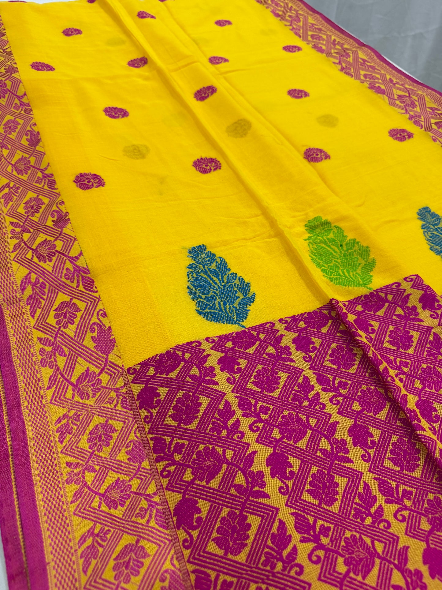 Kanaka - Bright Yellow Bengal Soft Cotton Saree.