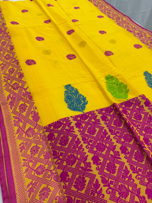 Kanaka - Bright Yellow Bengal Soft Cotton Saree.