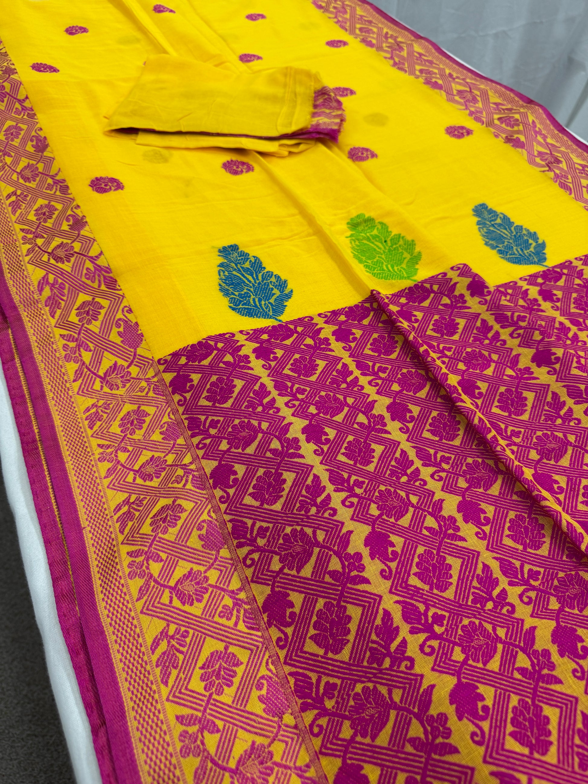 Kanaka - Bright Yellow Bengal Soft Cotton Saree.