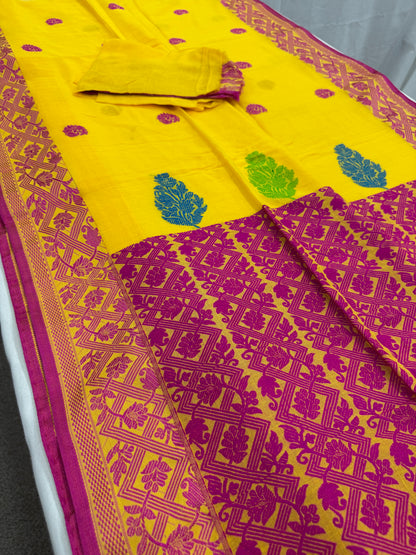 Kanaka - Bright Yellow Bengal Soft Cotton Saree.