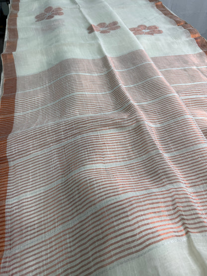 Noor - Off-White Linen Saree from Bengal.