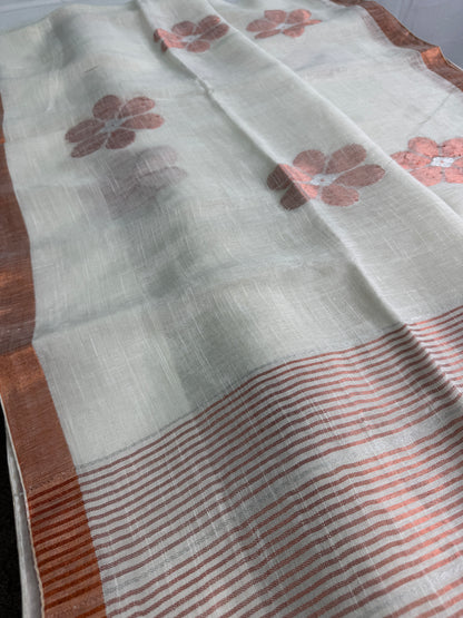 Noor - Off-White Linen Saree from Bengal.