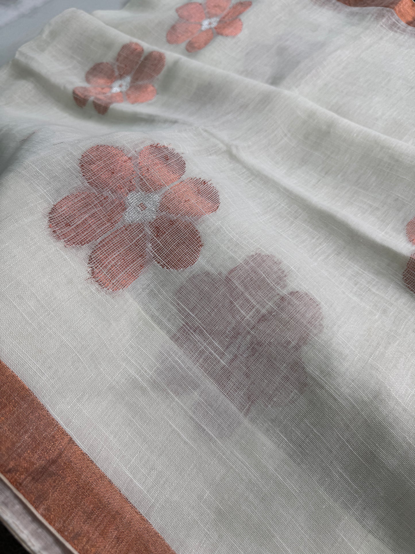 Noor - Off-White Linen Saree from Bengal.