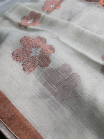 Noor - Off-White Linen Saree from Bengal.