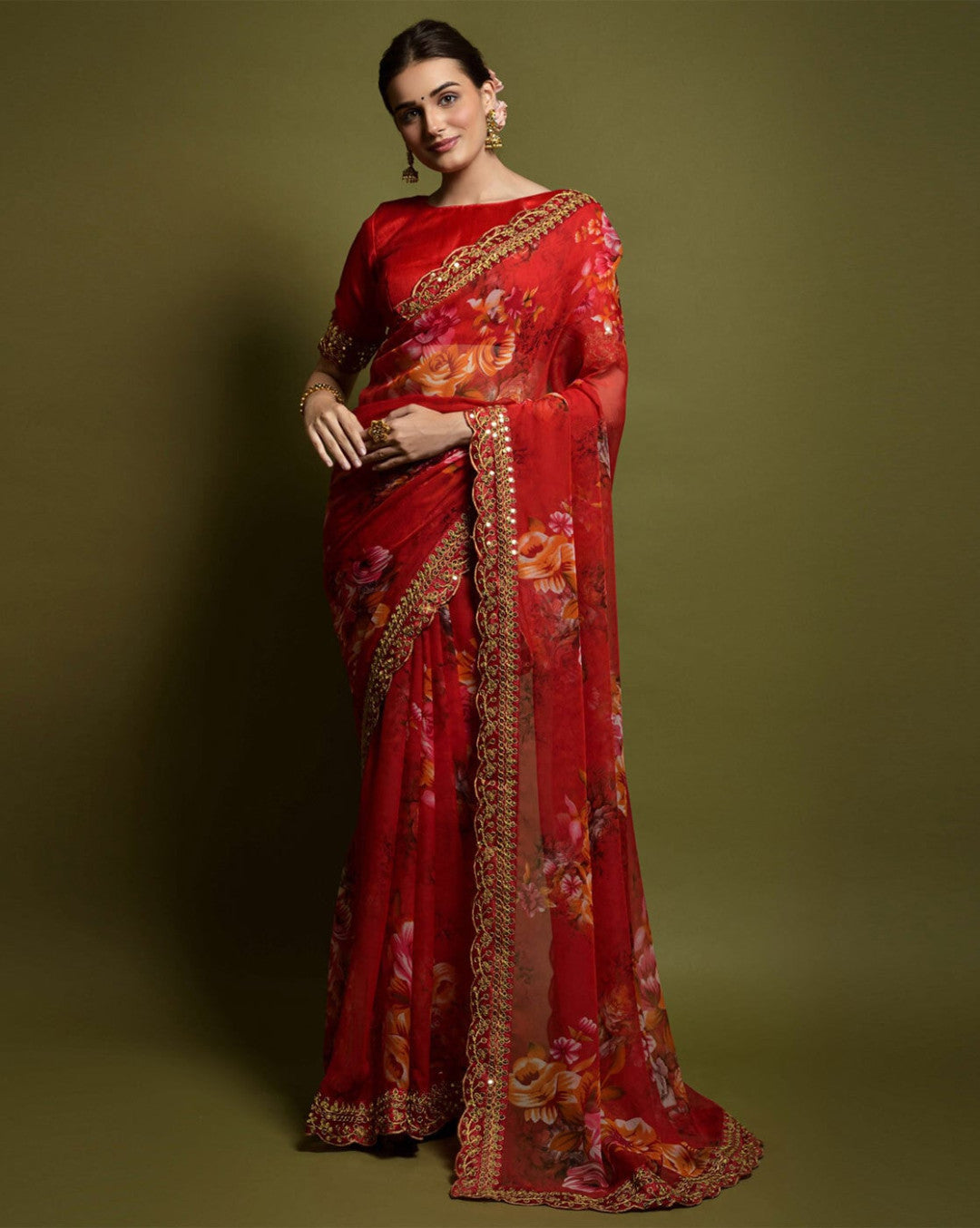 Designer Floral Georgette Partywear Saree in Red.