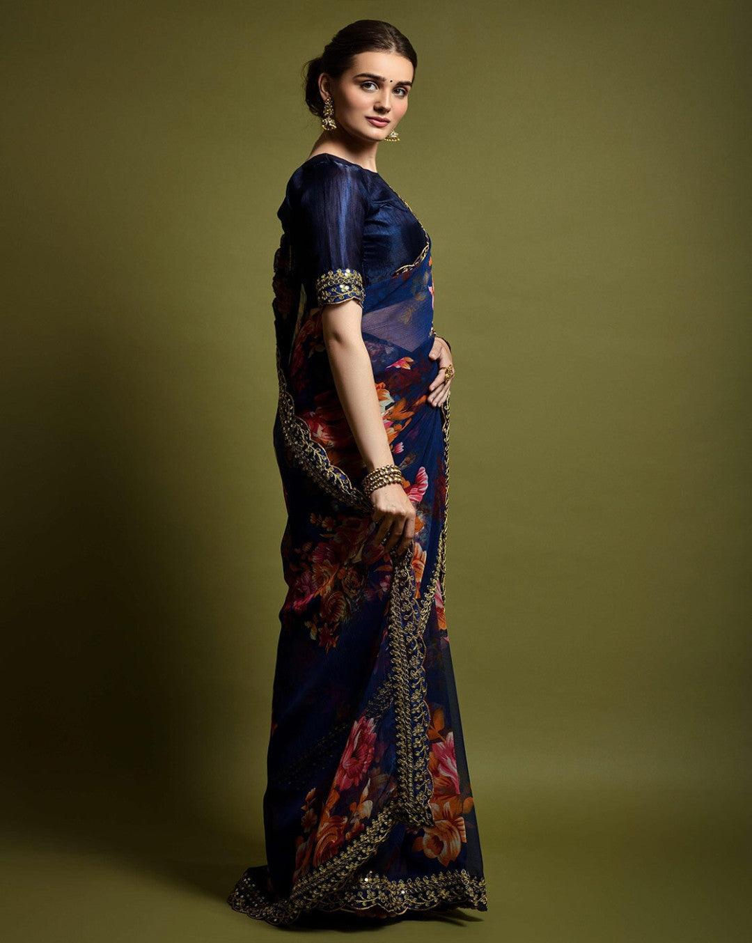 Designer Floral Georgette Partywear Saree in Dark Blue.