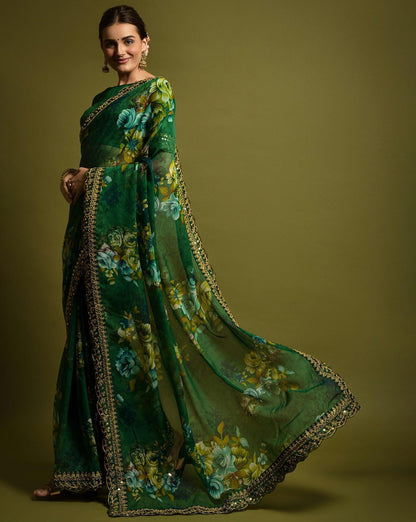 Designer Floral Georgette Partywear Saree in Green.