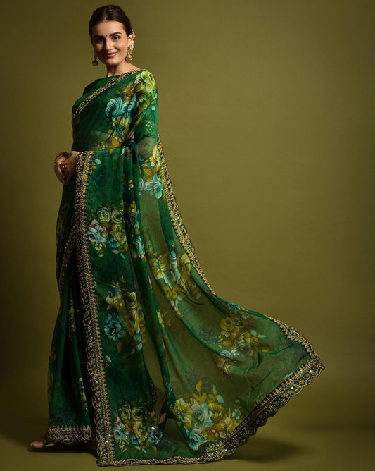 Designer Floral Georgette Partywear Saree in Green.