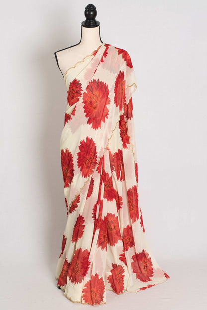 Eesha: Cream and Red Floral Georgette Designer Embroidery Saree image 0